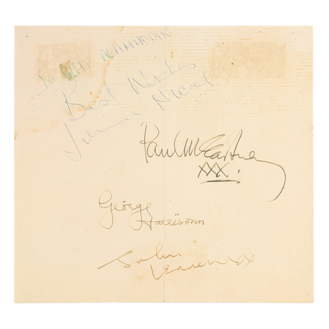 Appraisal: SIGNED BEATLES LEAF OF PAPER TO AIDA ALAMUDDIN BEST WISHES