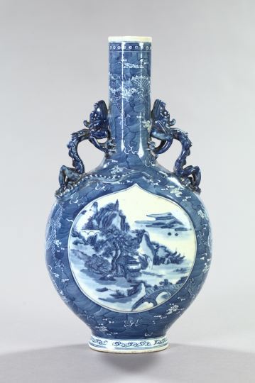 Appraisal: Ch'ien-Lung Blue-and-White Porcelain Dragon-Handled Tall-Neck Vase fourth quarter th century