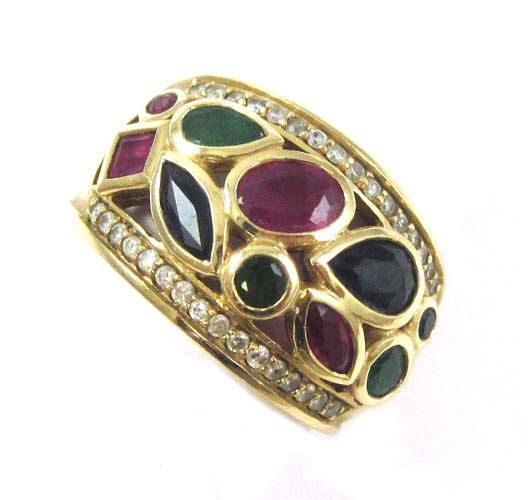 Appraisal: RUBY SAPPHIRE EMERALD AND DIAMOND RING k yellow gold set