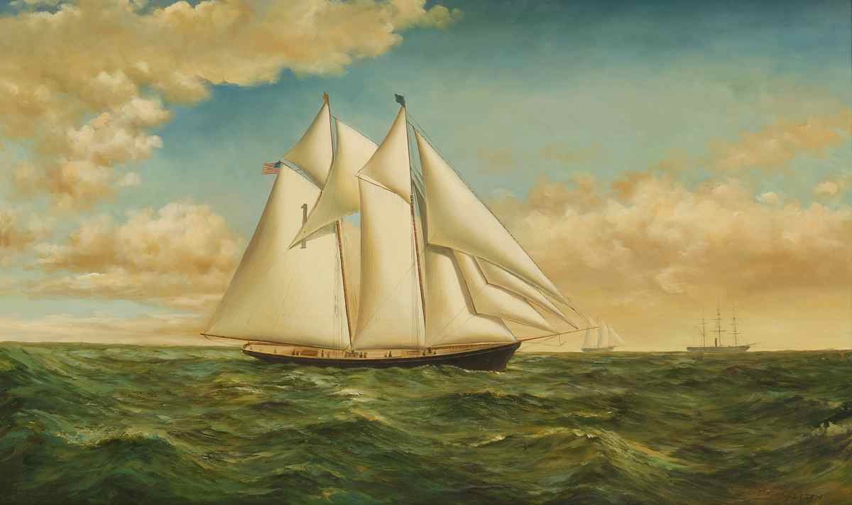 Appraisal: FRAMED PAINTING th CenturyTwo-masted pilot schooner under sail Signed lower