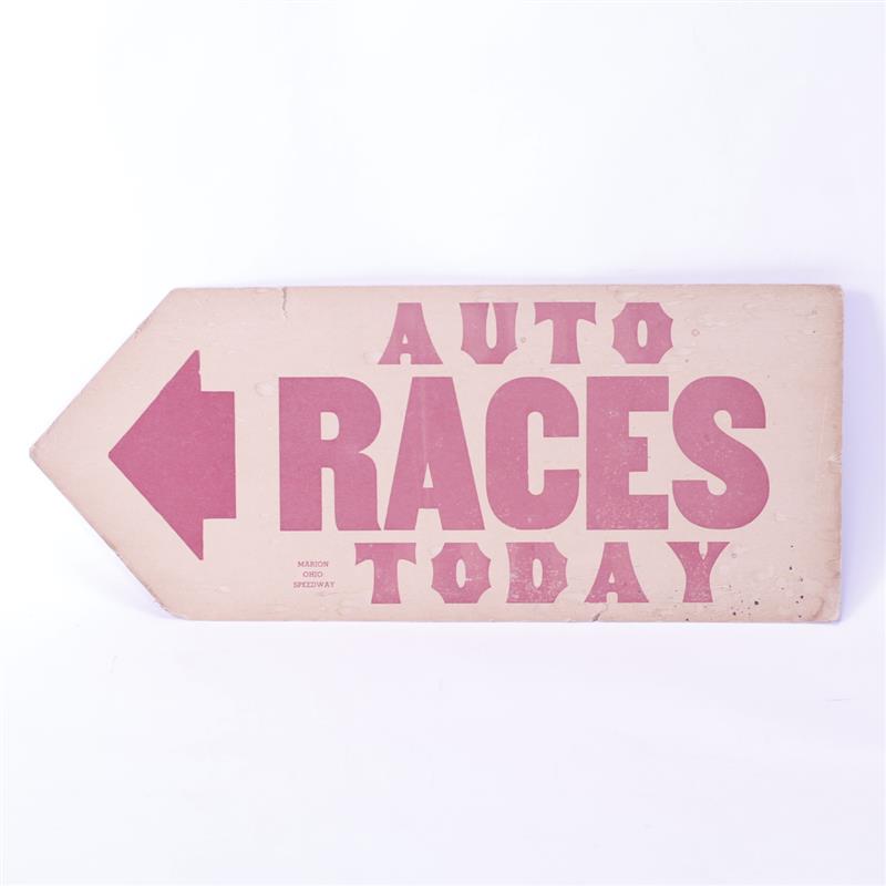 Appraisal: Auto Races Today Marion Ohio Speedway cardboard arrow shaped sign