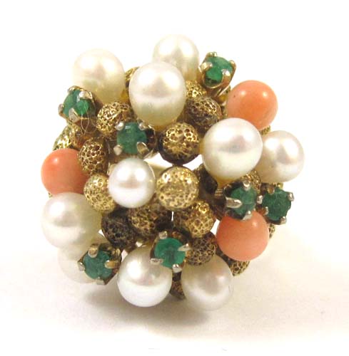 Appraisal: EMERALD PEARL AND CORAL CLUSTER RING k yellow gold with