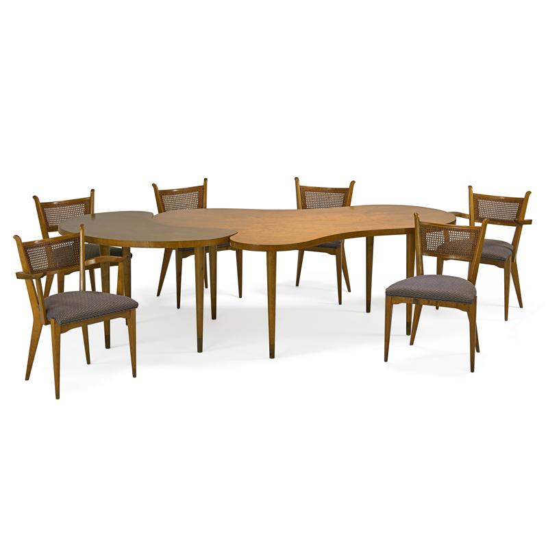 Appraisal: EDMUND SPENCE Dining table and six chairs EDMUND SPENCE Two-part