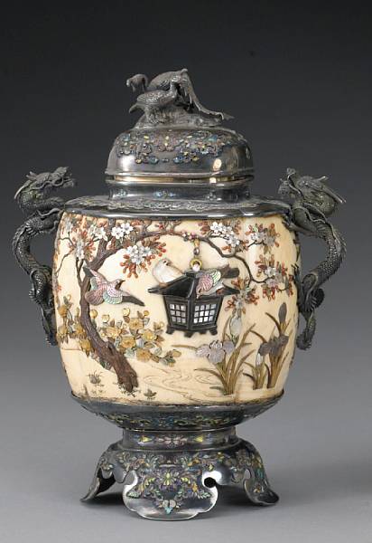 Appraisal: A Shibayama style ivory and enameled silver koro and cover