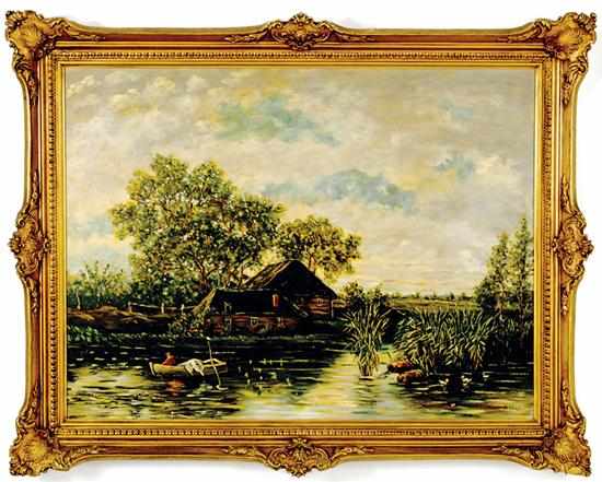 Appraisal: Continental school th century COTTAGE BY POND oil on canvas