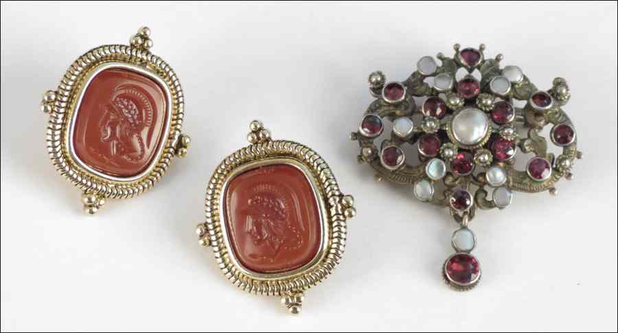 Appraisal: GARNET AND PEARL BROOCH Together with a pair of faux