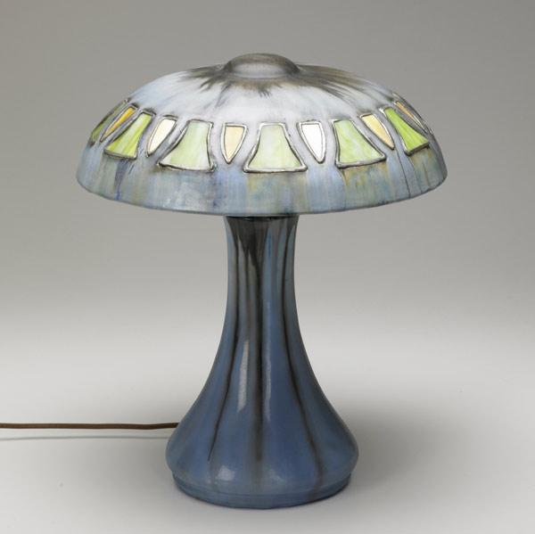 Appraisal: FULPER Table lamp its mushroom-shaped shade inset with green and