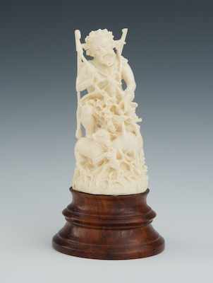 Appraisal: A Continental Carved Ivory Hunting Grouping on Mahogany Stand ca