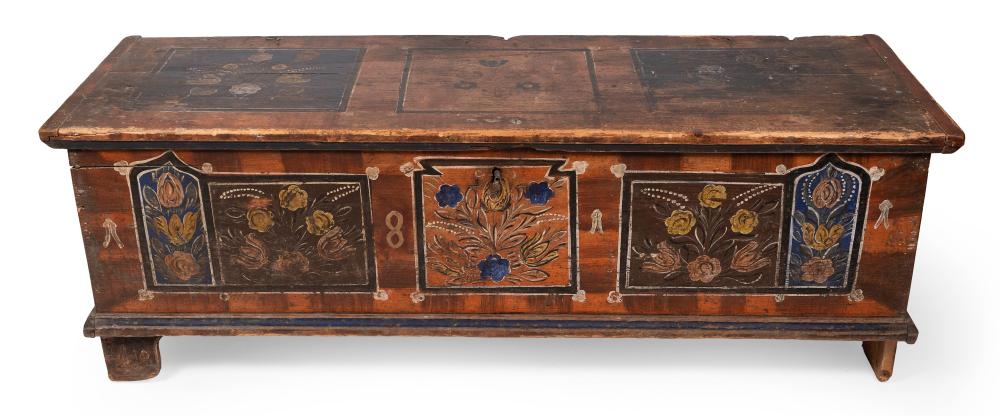 Appraisal: CONTINENTAL BLANKET CHEST WITH PAINTED DECORATION TH CENTURY HEIGHT WIDTH