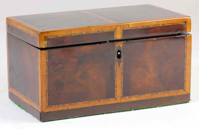 Appraisal: Antique Inlaid Tea Caddy th century mahogany veneers with boxwood