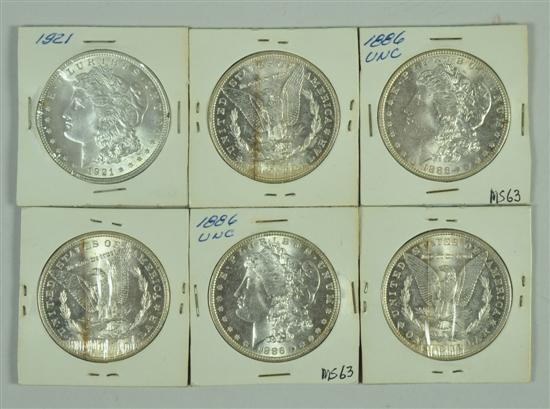 Appraisal: Six Morgan Dollars Five BU Morgan Dollars all dated grade