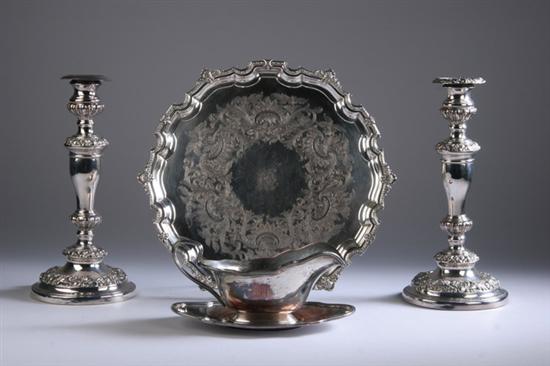 Appraisal: FIVE PIECES SHEFFIELD PLATE TABLEWARE Pair candlesticks late th century