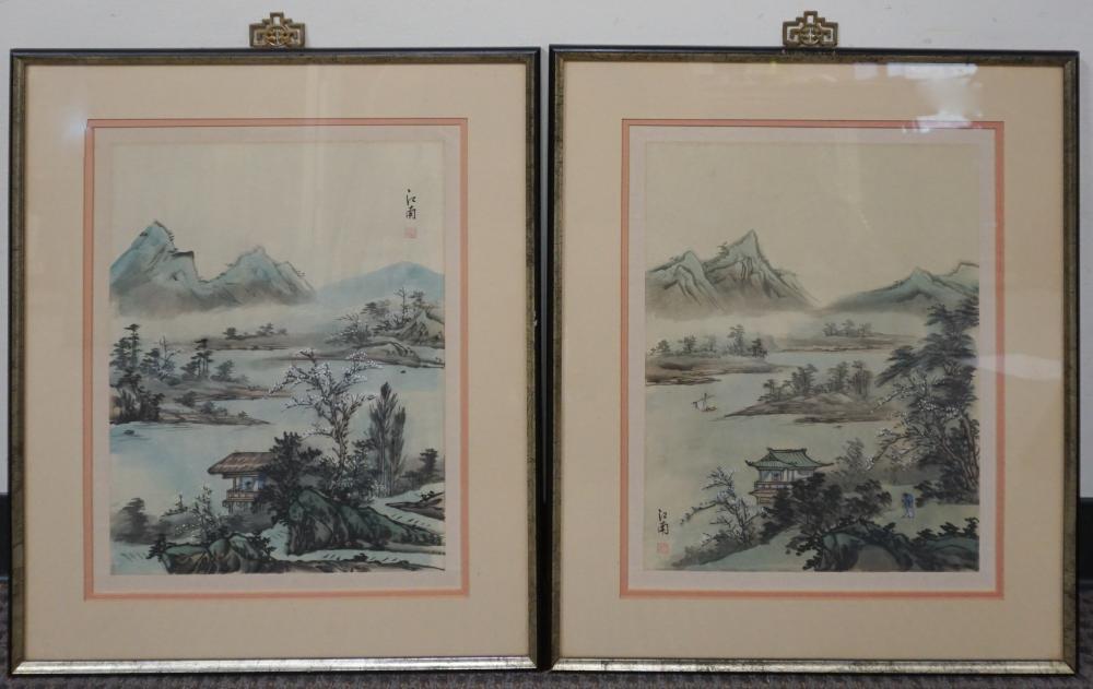 Appraisal: TWO JAPANESE FRAMED WATERCOLOR LANDSCAPES ON CLOTH FRAME X IN