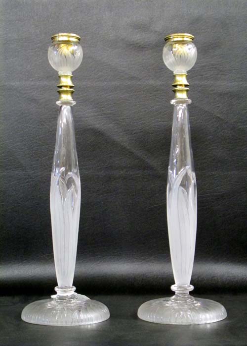 Appraisal: PAIR GLASS CANDLESTICKS cut and frosted clear glass with cattails