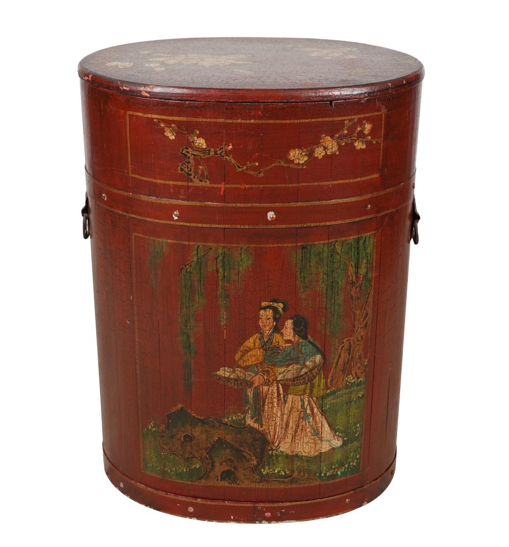 Appraisal: CHINOISERIE DECORATED WOOD STORAGE CONTAINERflanked with bale handles inches wide