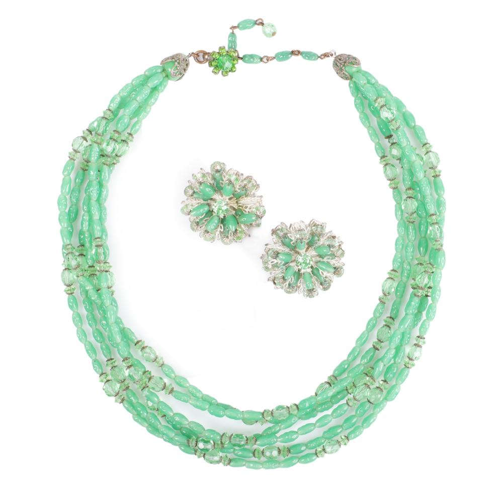 Appraisal: MIRIAM HASKELL DEMI PARURE MULTI STRAND JADE GREEN GLASS BEAD