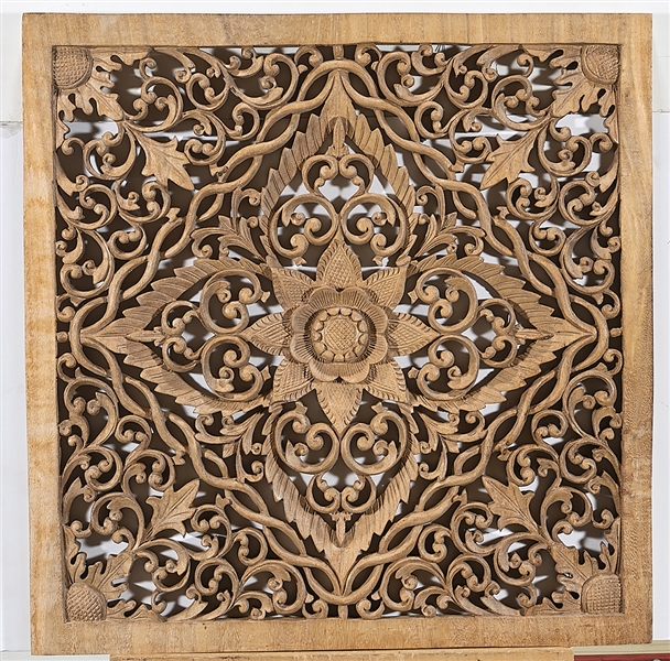 Appraisal: Chinese carved openwork wood panel of floral design x approx