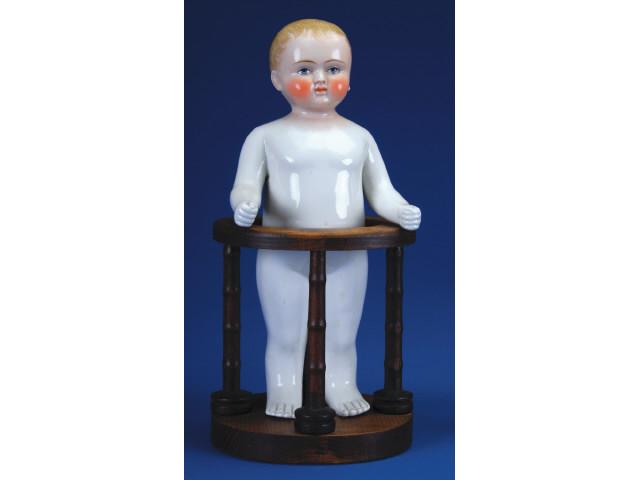 Appraisal: Blonde Frozen Charlie with Wooden Stand Germany ca one-piece nicely