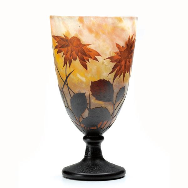 Appraisal: DAUM Large cameo-glass coupe-shaped vessel with amber dahlias on a