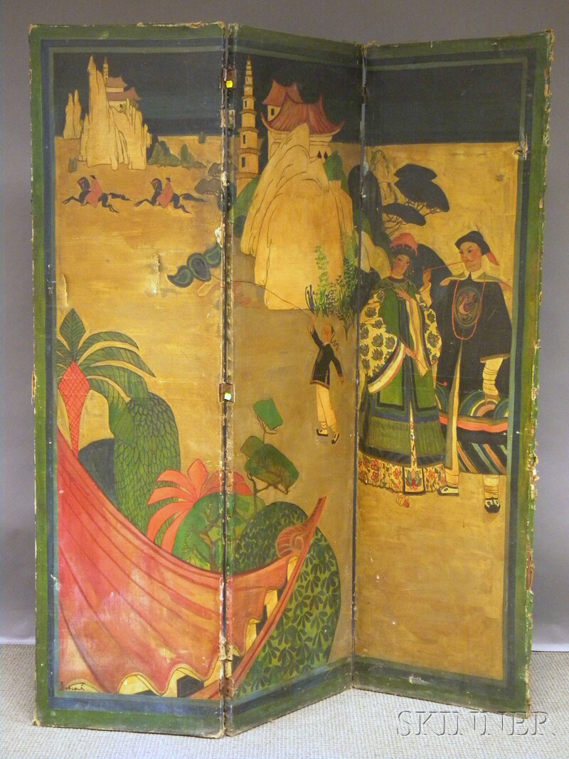 Appraisal: Painted Stylized Chinese Scene Three-panel Canvas Floor Screen c imperfections