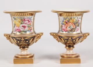 Appraisal: PAIR OF ENGLISH PORCELAIN COBALT AND GOLD URNS WITH HAND