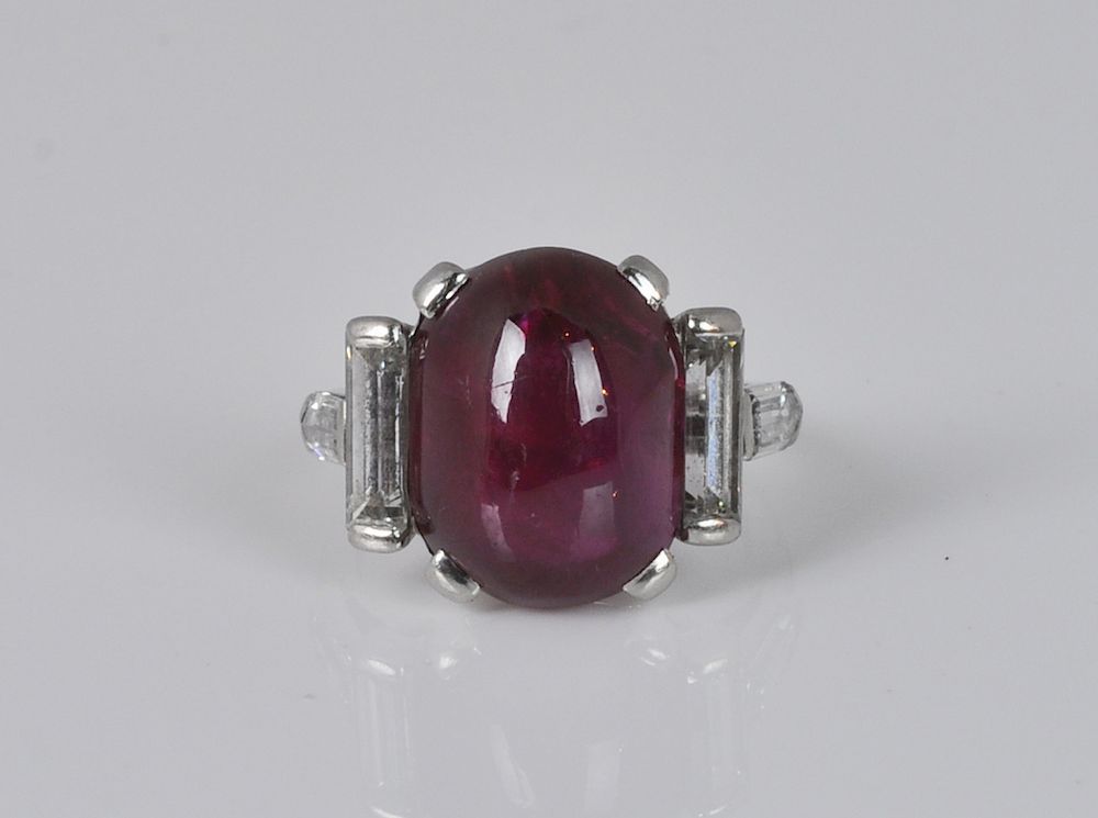 Appraisal: Art Deco Platinum Cabochon Ruby Diamond Ring Art deco platinum