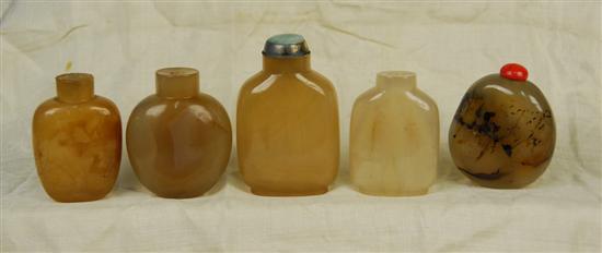 Appraisal: COLLECTION OF FIVE CHINESE AGATE HARDSTONE SNUFF BOTTLES Condition with