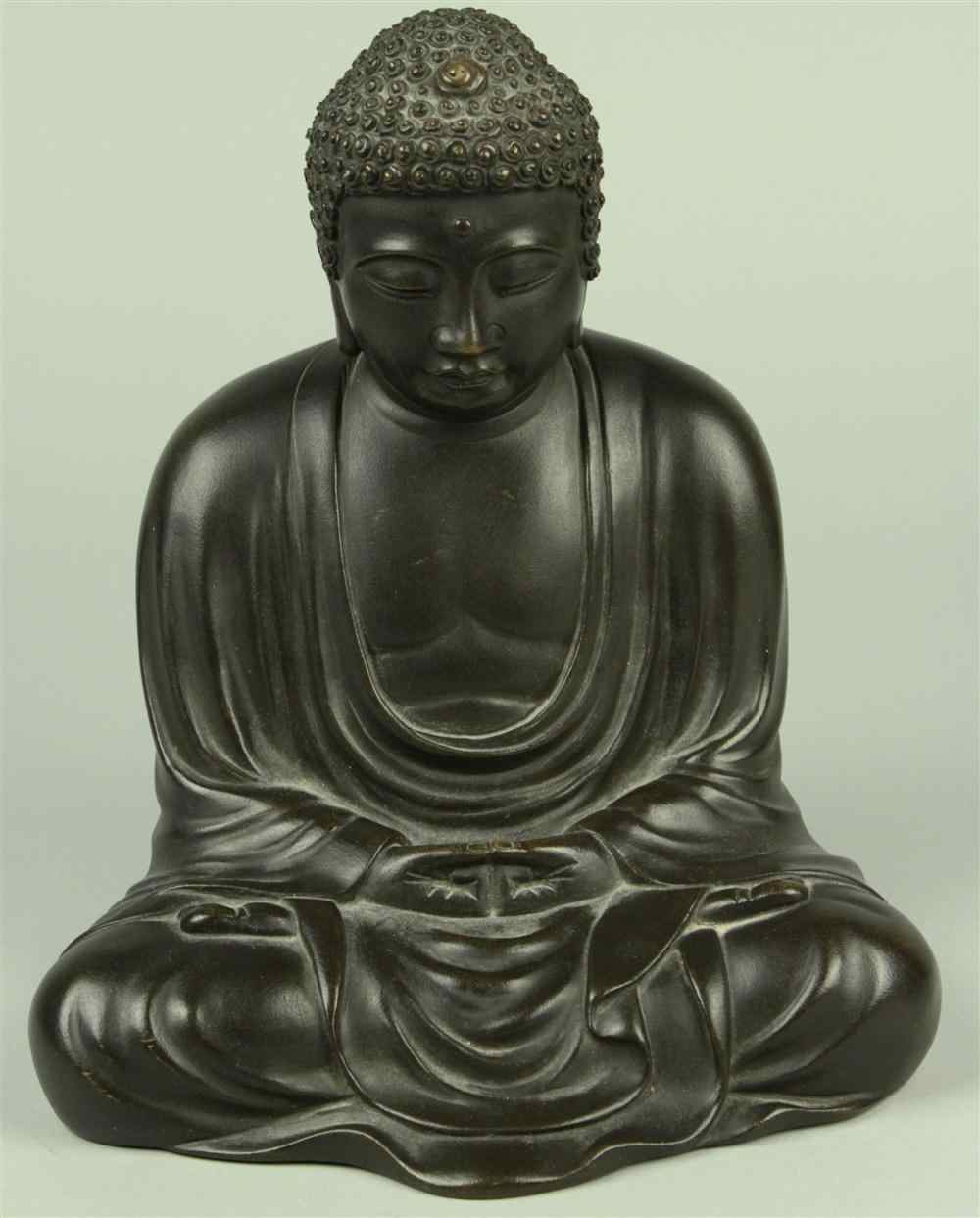 Appraisal: JAPANESE BRONZE SEATED BUDDHA Late th early th century two-character