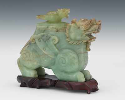 Appraisal: Jade Mythical Dog Vessel with Bird Figure on Lid A