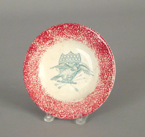 Appraisal: Red spatter cup plate th c with transfer eagle decoration