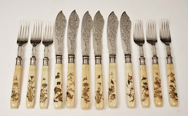 Appraisal: SIX JAPANESE SHIBAYAMA HANDLED FISH KNIVES and six matching forks