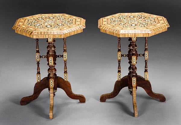 Appraisal: A pair of Levantine shell inlaid hardwood tables Each octagonal