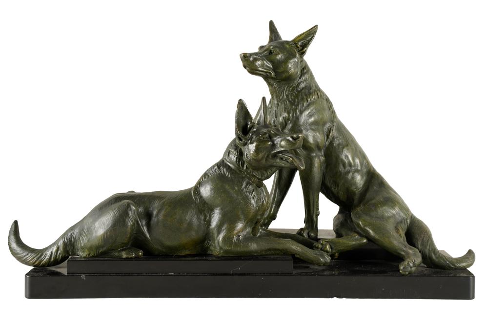 Appraisal: PATINATED METAL DOG FIGURAL GROUPunsigned with dark green patination mounted