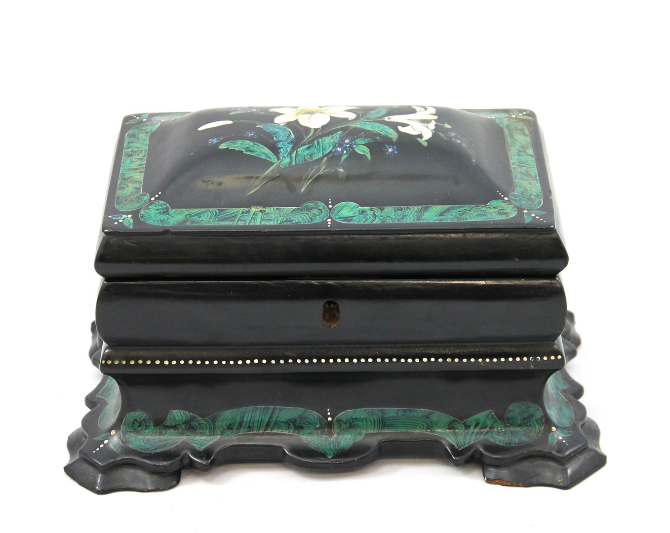 Appraisal: A th century black lacquer floral and faux malachite painted