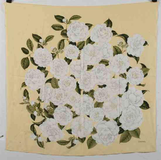 Appraisal: CHANEL SILK SCARF Yellow ground with white roses - in