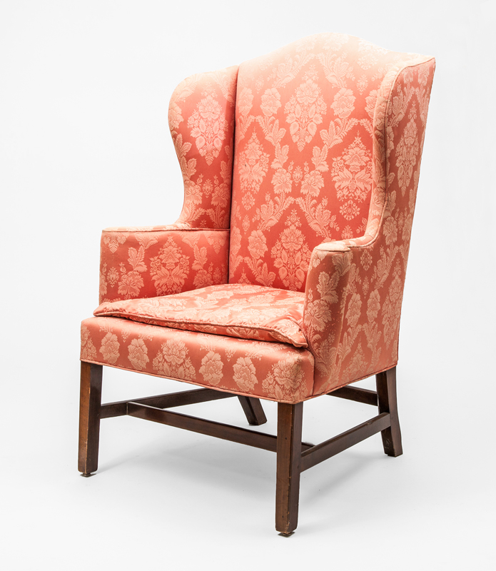 Appraisal: CHIPPENDALE MAHOGANY PINK DAMASK-UPHOLSTERED WING CHAIR x x in Provenance