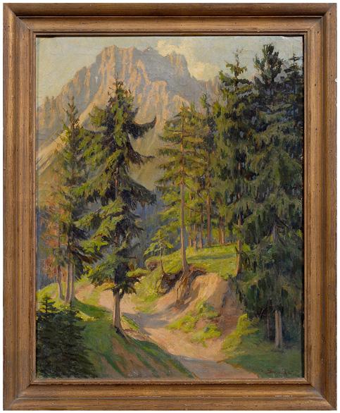 Appraisal: Painting signed quot S Truschka quot mountain landscape with hemlock