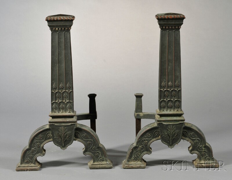 Appraisal: Large Pair of Arts Crafts Bronze Andirons late th early