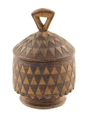 Appraisal: A carved wood pot and cover with triangular decorated bands