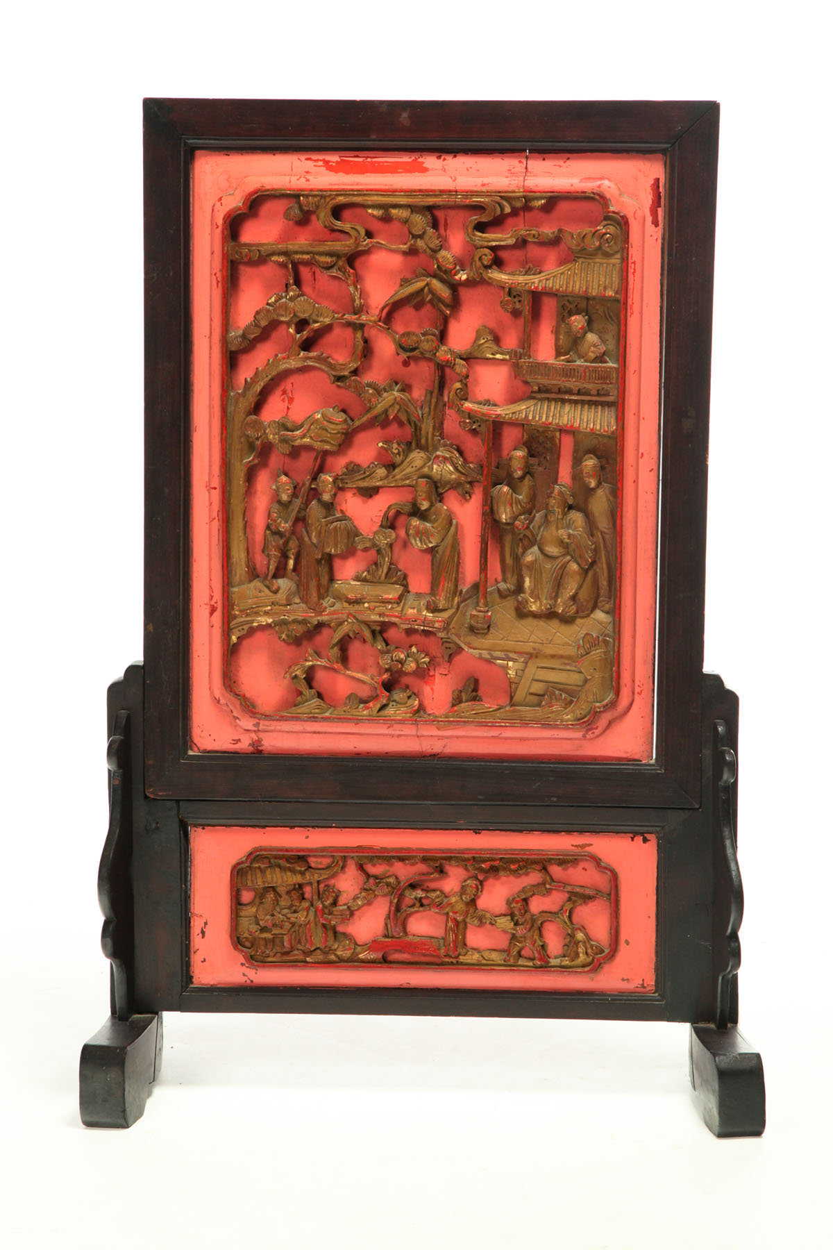 Appraisal: TABLE SCREEN China th century mixed woods Carved figural panel