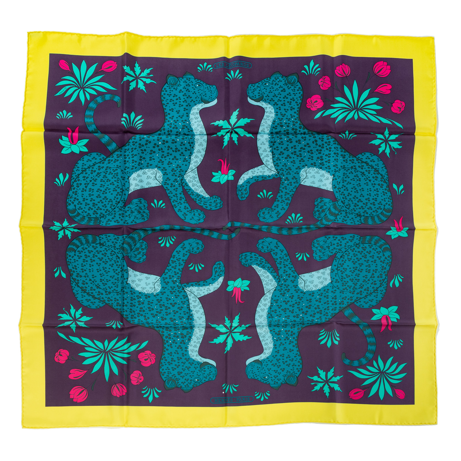 Appraisal: AN HERMES LES LEOPARDS SCARF Yellow and multicolor Hermes cm