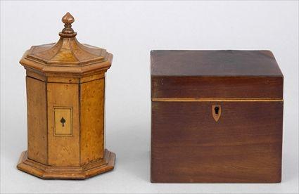 Appraisal: TWO ENGLISH TEA CADDIES The one George III inlaid mahogany