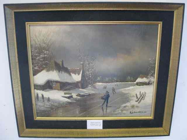 Appraisal: H J Baummer Sr Oil European Winterlandscape with skaters image