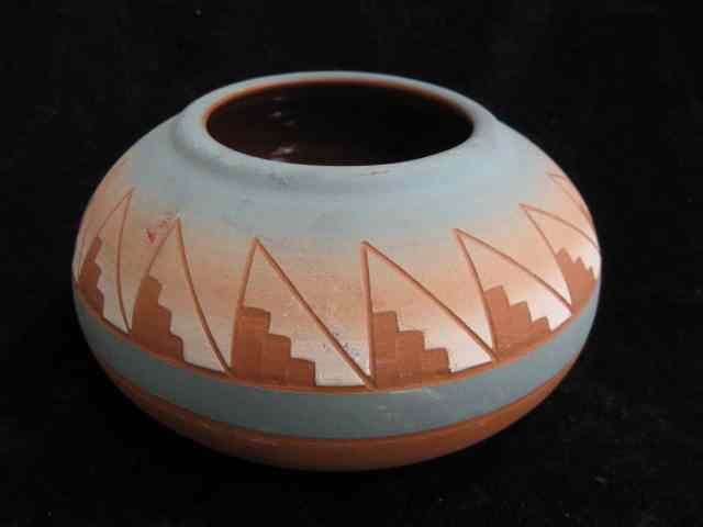 Appraisal: Sioux Indian Pottery Vase geometric design blue bands signed Martin