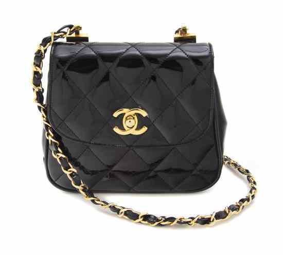 Appraisal: A Chanel Black Quilted Patent Leather Bag goldtone logo closure