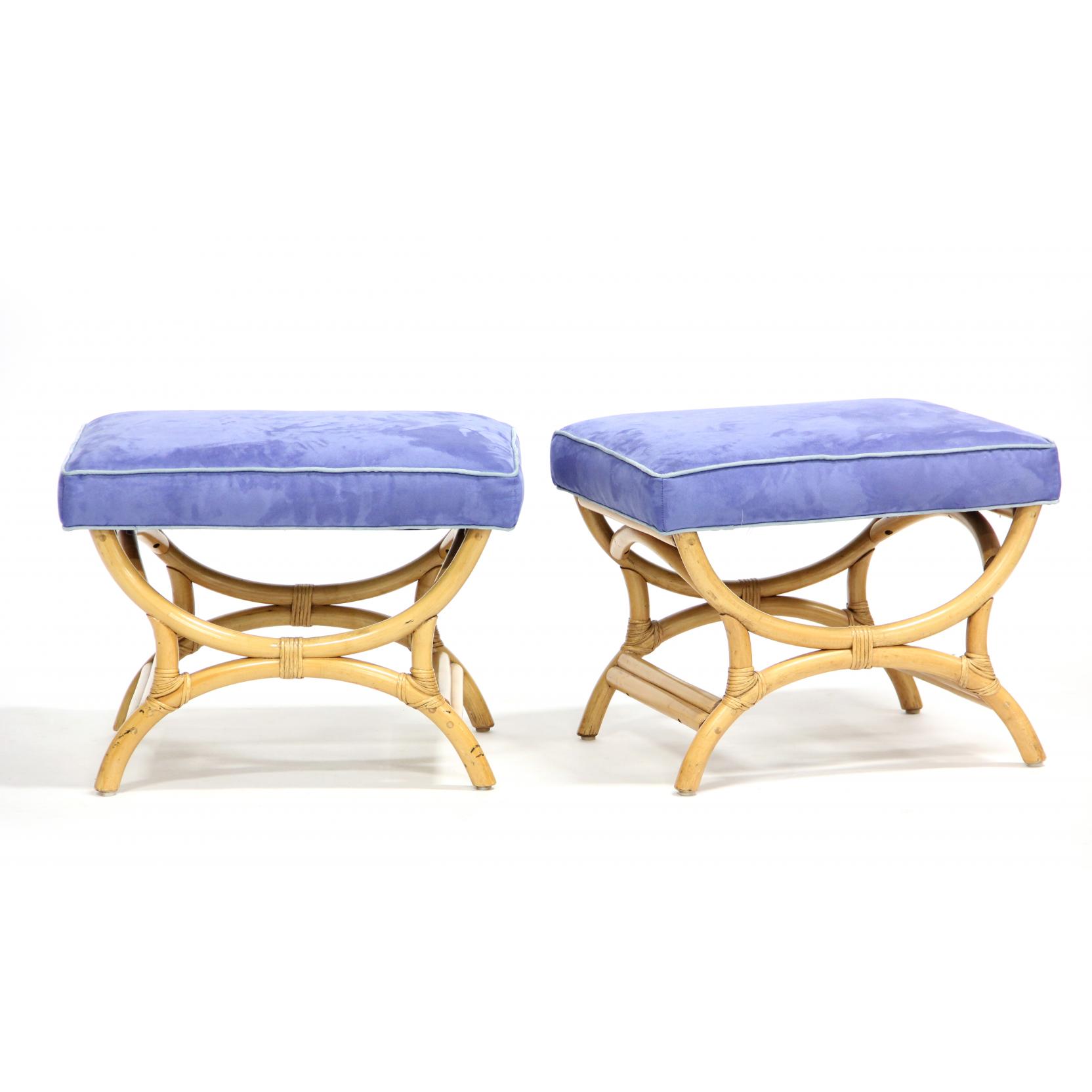 Appraisal: Pair of Bamboo Stools late th century blue suede upholstery