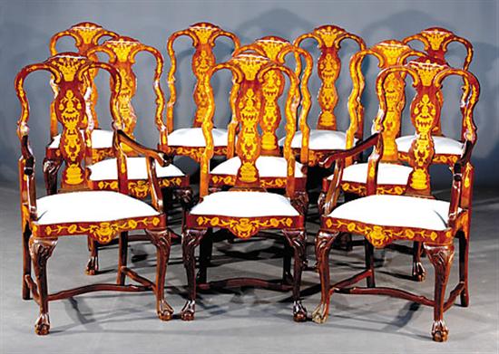 Appraisal: Continental mahogany and marquetry dining chairs set of ten comprised