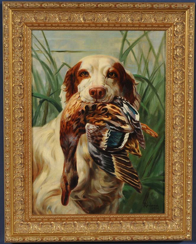 Appraisal: Percival Rosseau Retriever with Mallard x oil on canvas signed