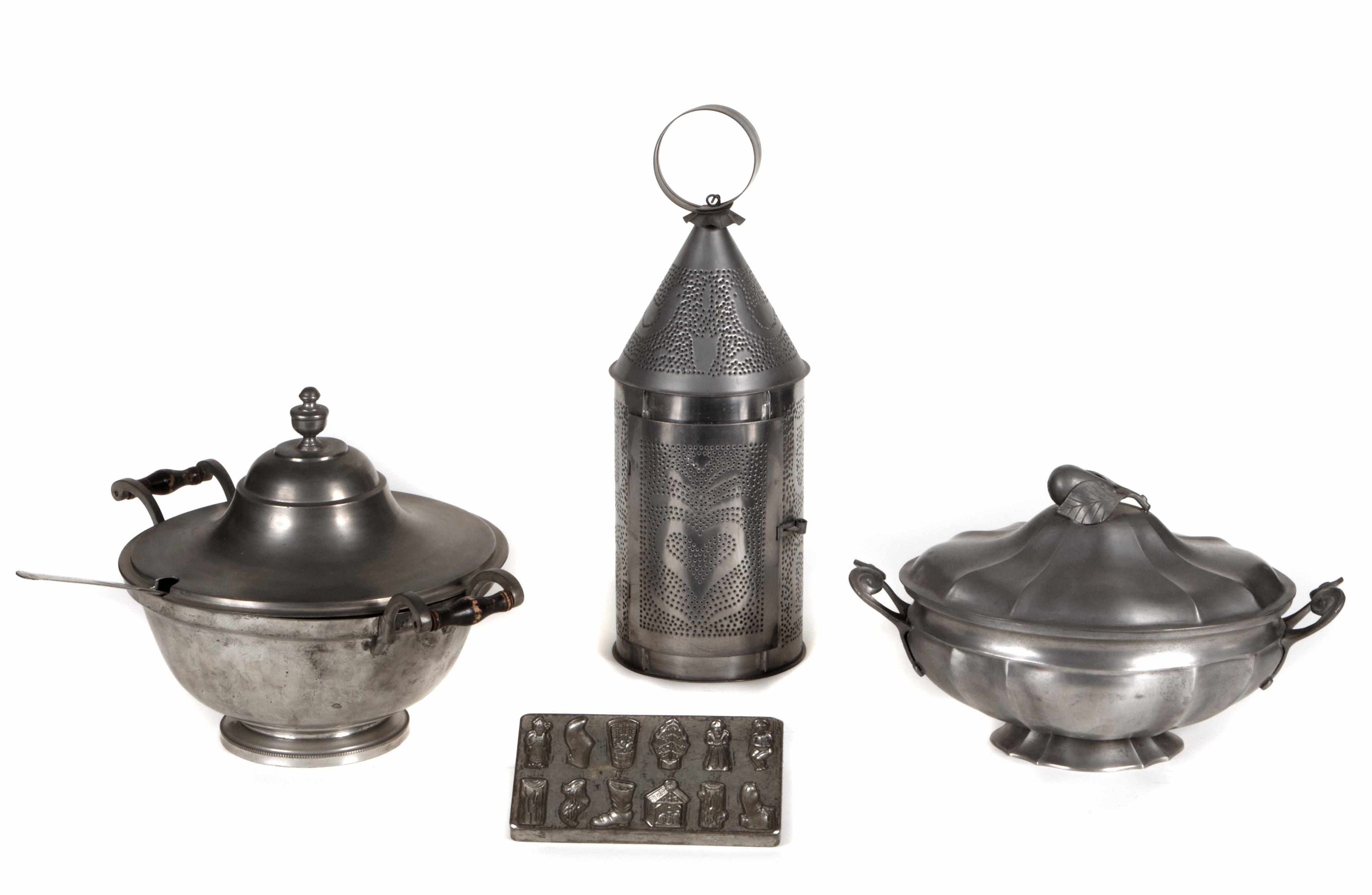 Appraisal: An assembled grouping of pewter items Comprising soup tureens ice