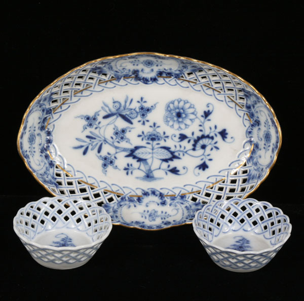 Appraisal: Meissen Blue Onion oblong gilt and reticulated porcelain dish along